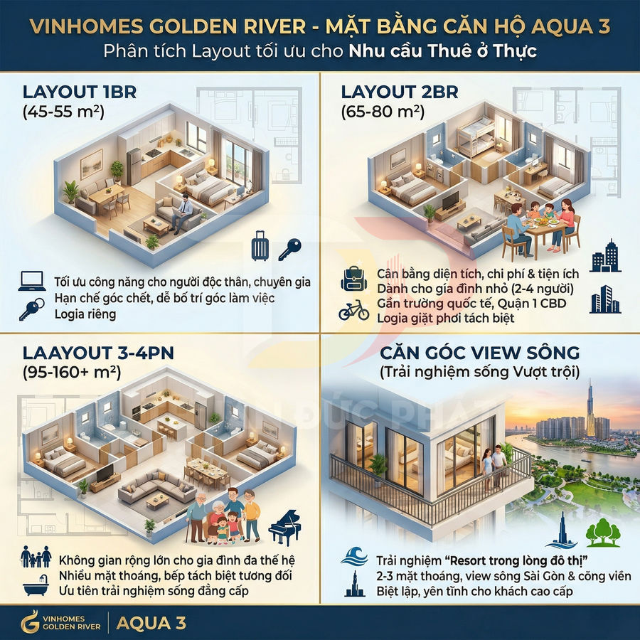 Mặt bằng căn hộ Vinhomes Golden River Aqua 3 với các layout 1-3 phòng ngủ và căn góc view sông cao cấp