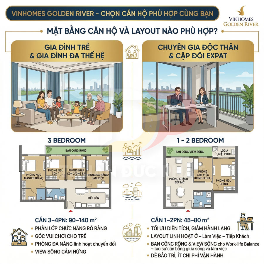 Thiết kế mặt bằng căn hộ Vinhomes Golden River với lựa chọn 1–3 phòng ngủ cho gia đình và chuyên gia