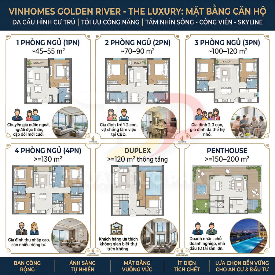 Mặt bằng các loại căn hộ Vinhomes Golden River The Luxury từ 1 phòng ngủ đến penthouse
