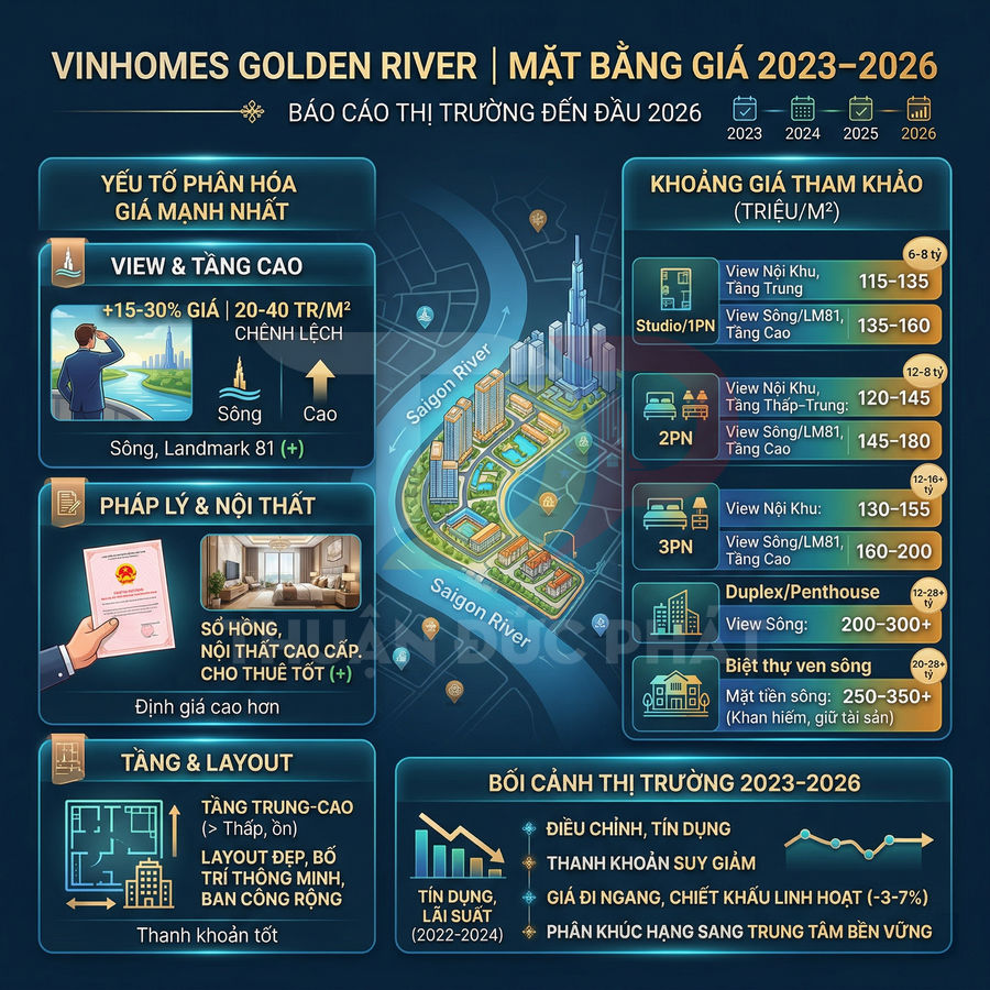 Infographic mặt bằng giá và các yếu tố tăng giá căn hộ Vinhomes Golden River giai đoạn 2023 2026