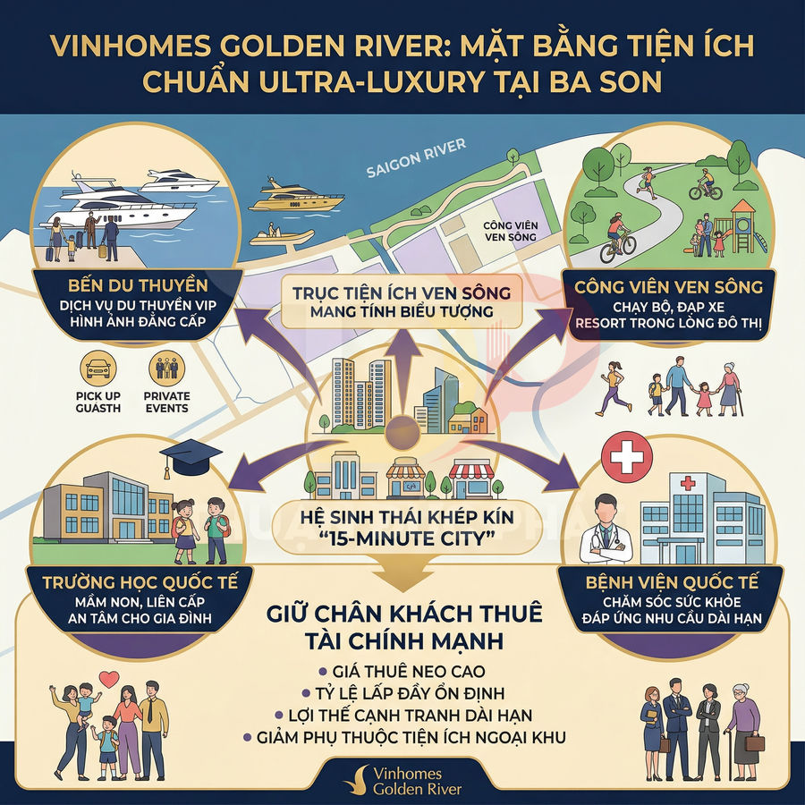 Infographic tiện ích dự án Vinhomes Golden River Ba Son với bến du thuyền, công viên, trường học và bệnh viện quốc tế