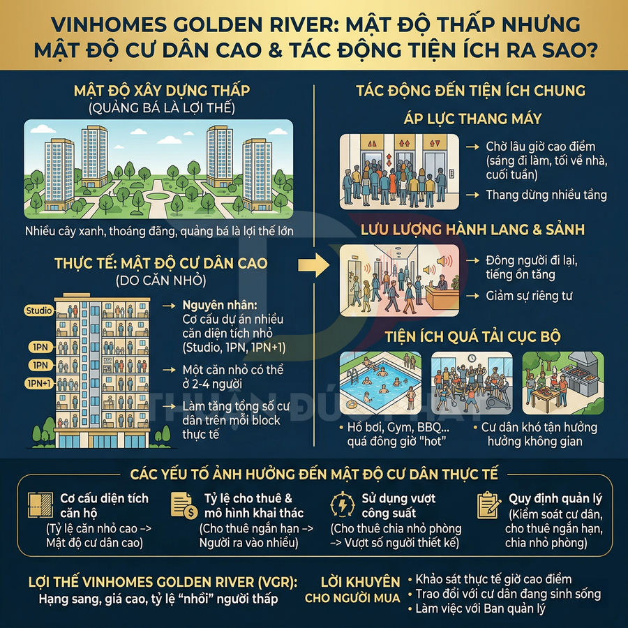 Infographic phân tích mật độ cư dân và tiện ích dự án căn hộ Vinhomes Golden River