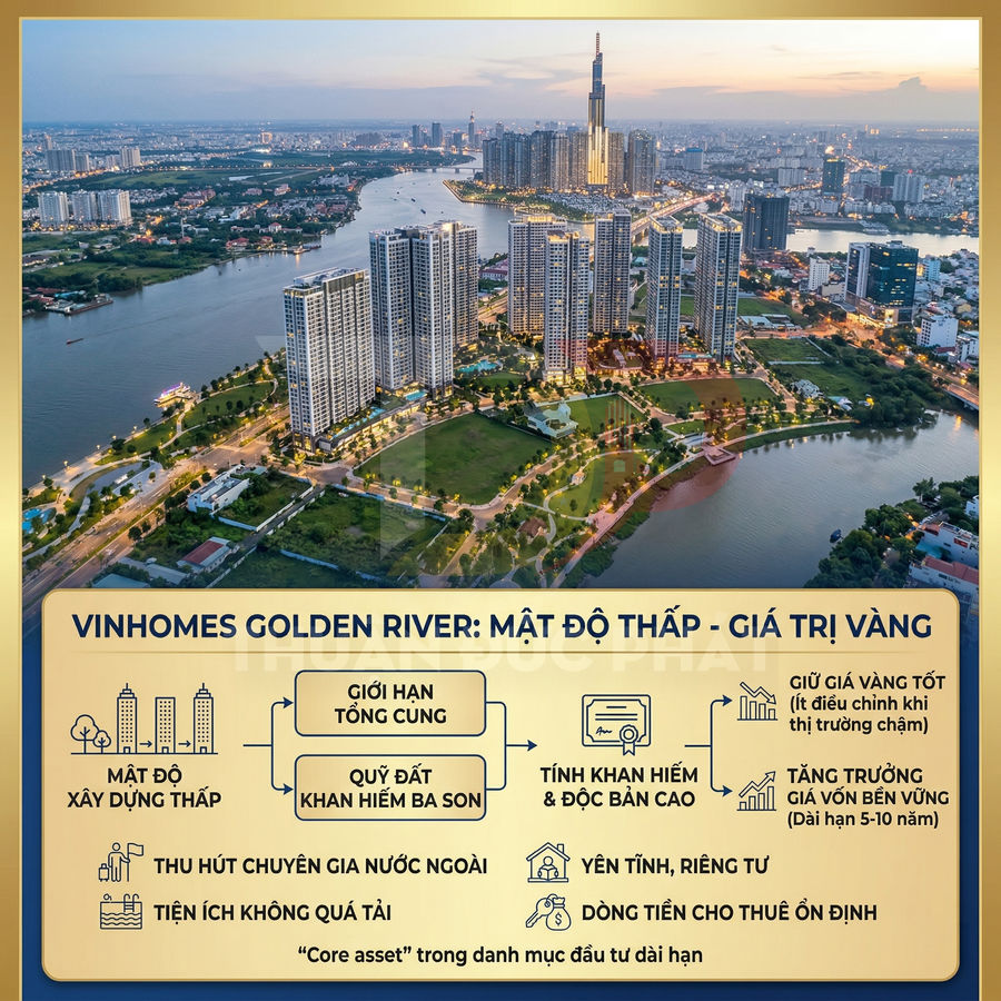 Toàn cảnh dự án căn hộ cao cấp Vinhomes Golden River bên sông Sài Gòn với mật độ xây dựng thấp