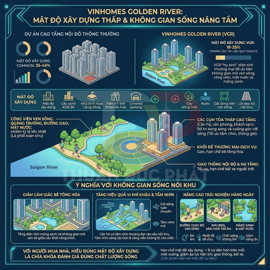 Infographic giới thiệu dự án căn hộ Vinhomes Golden River với mật độ xây dựng thấp và nhiều không gian xanh ven sông