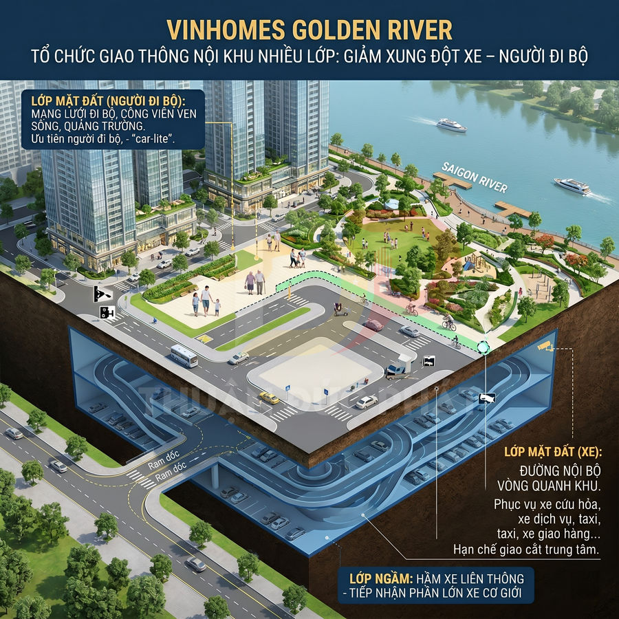 Phối cảnh Vinhomes Golden River với quảng trường, công viên ven sông và hầm giao thông ngầm nhiều tầng
