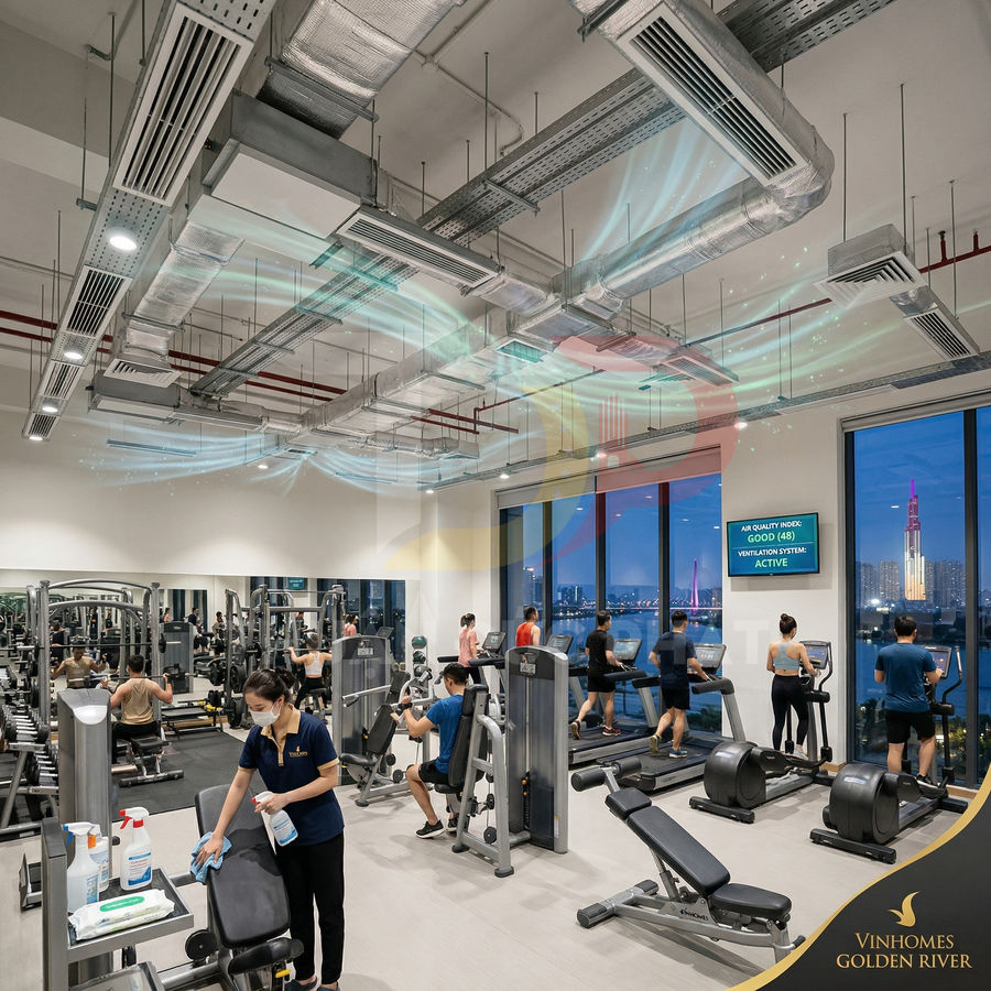 Phòng gym Vinhomes Golden River hiện đại với nhiều máy tập và hệ thống thông gió hoạt động