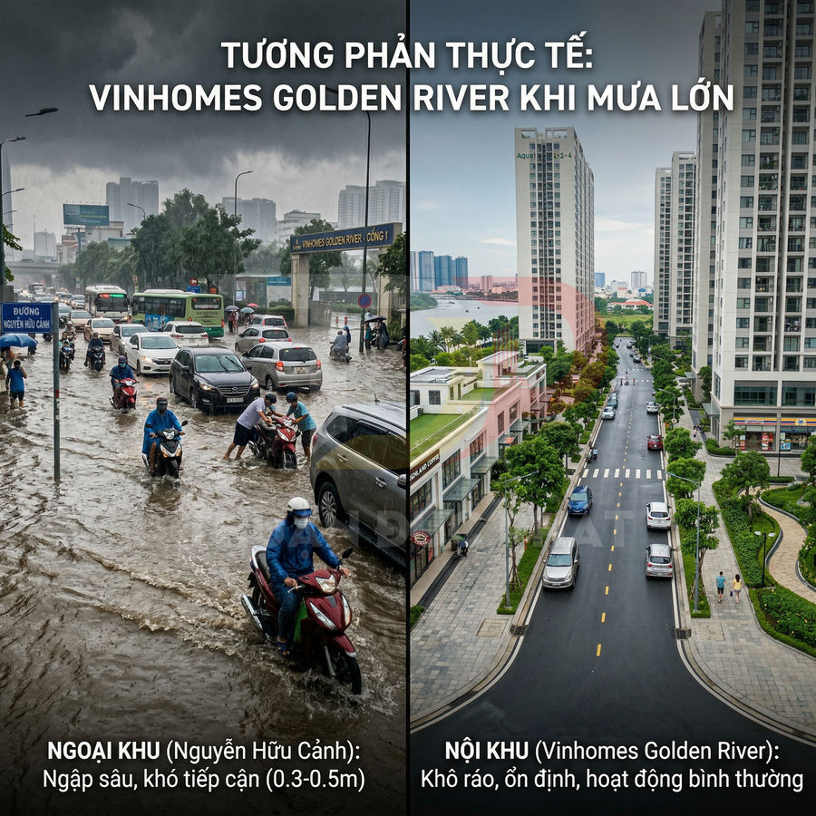 So sánh đường ngập nước bên ngoài và khu đô thị Vinhomes Golden River khô ráo khi mưa lớn