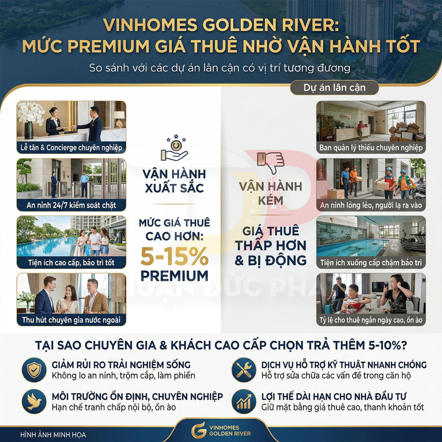 Infographic so sánh vận hành và giá thuê căn hộ cao cấp Vinhomes Golden River với các dự án lân cận