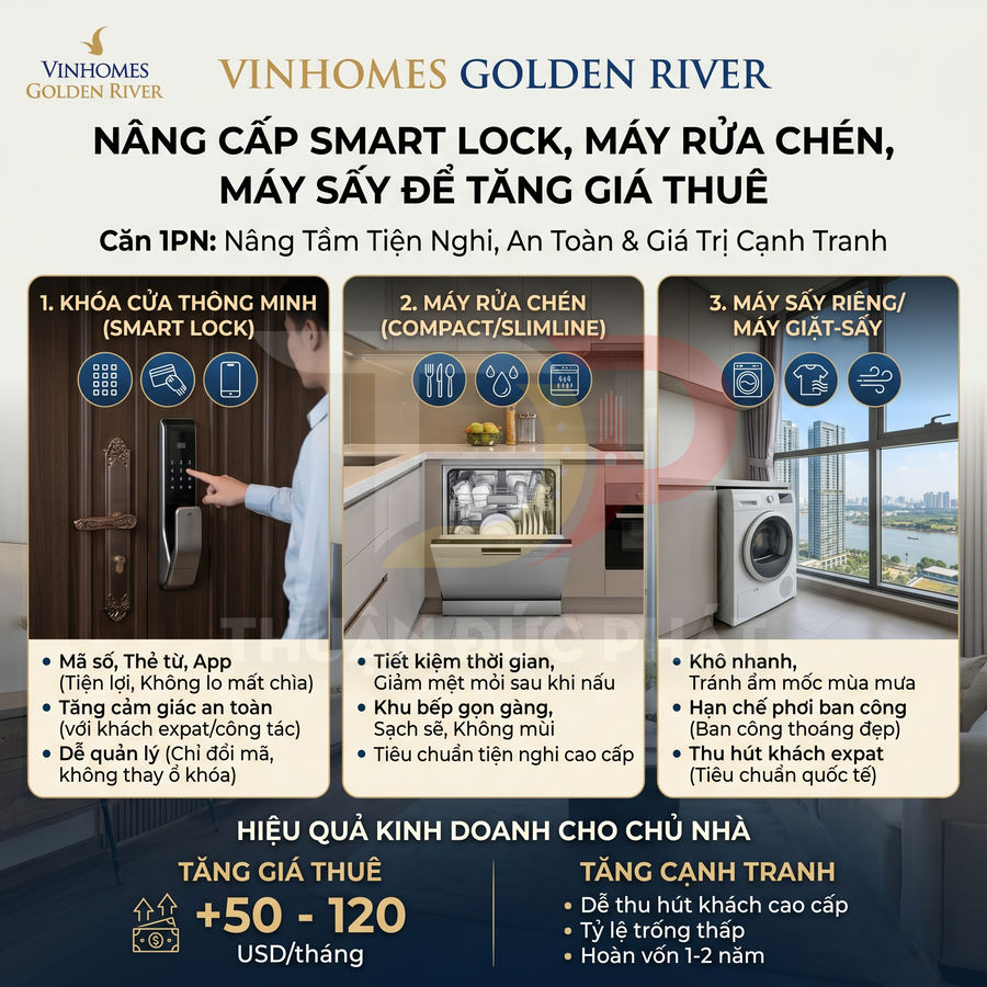 Nâng cấp căn hộ Vinhomes Golden River với khóa cửa thông minh, máy rửa chén và máy giặt sấy hiện đại tăng giá thuê