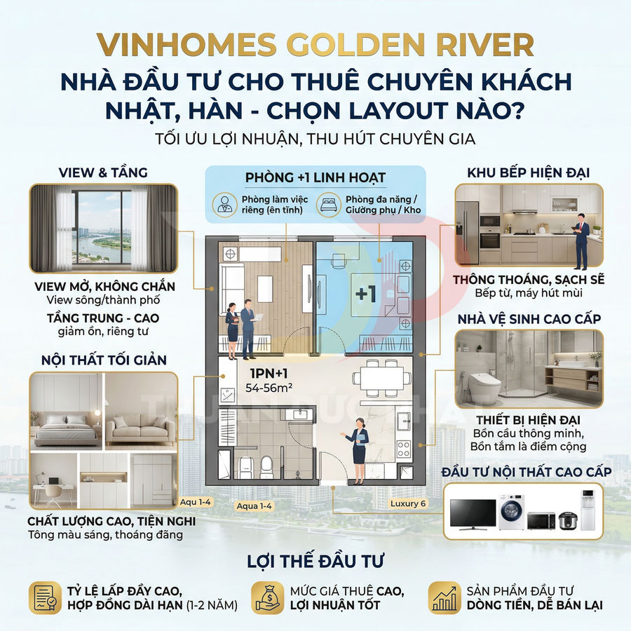 Thiết kế căn hộ Vinhomes Golden River 1PN+1 với nội thất hiện đại, bếp và nhà vệ sinh cao cấp, phù hợp đầu tư cho thuê