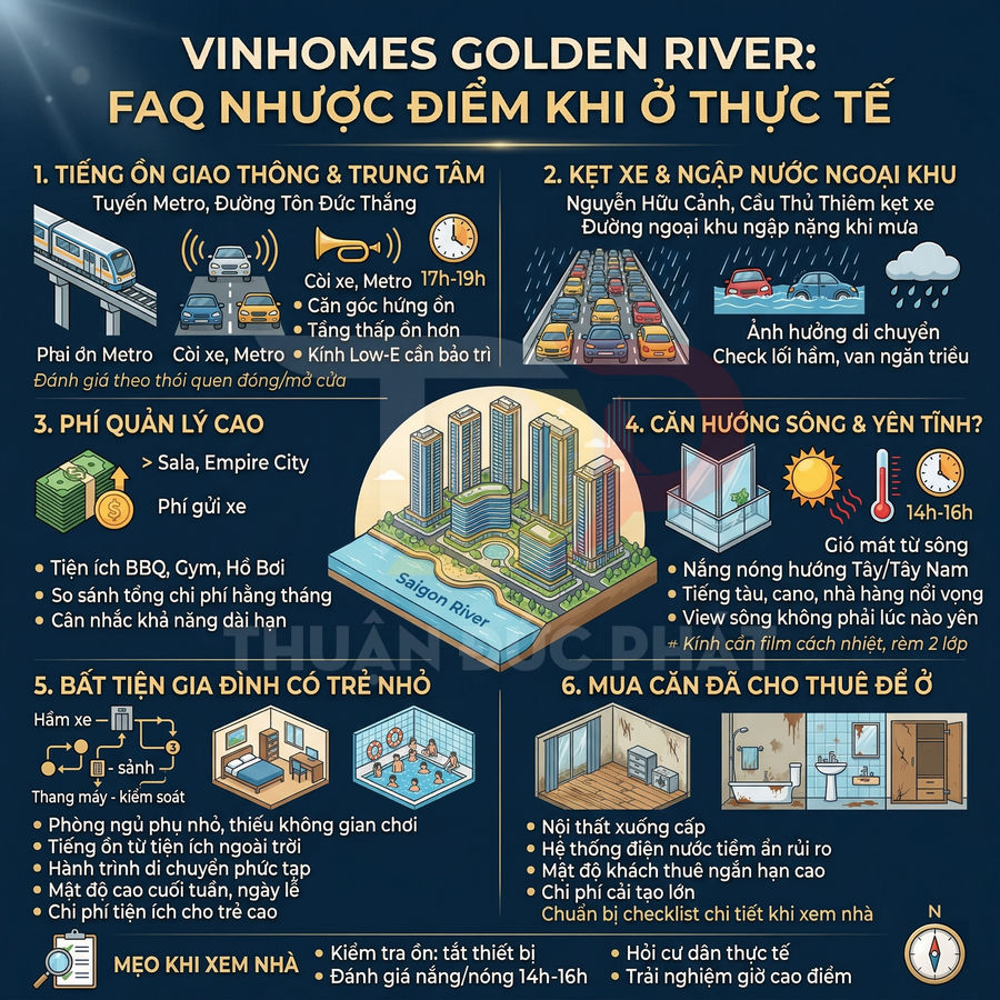 Infographic nhược điểm khi sống tại Vinhomes Golden River như tiếng ồn, kẹt xe, phí cao, hướng nắng và bất tiện cho gia đình