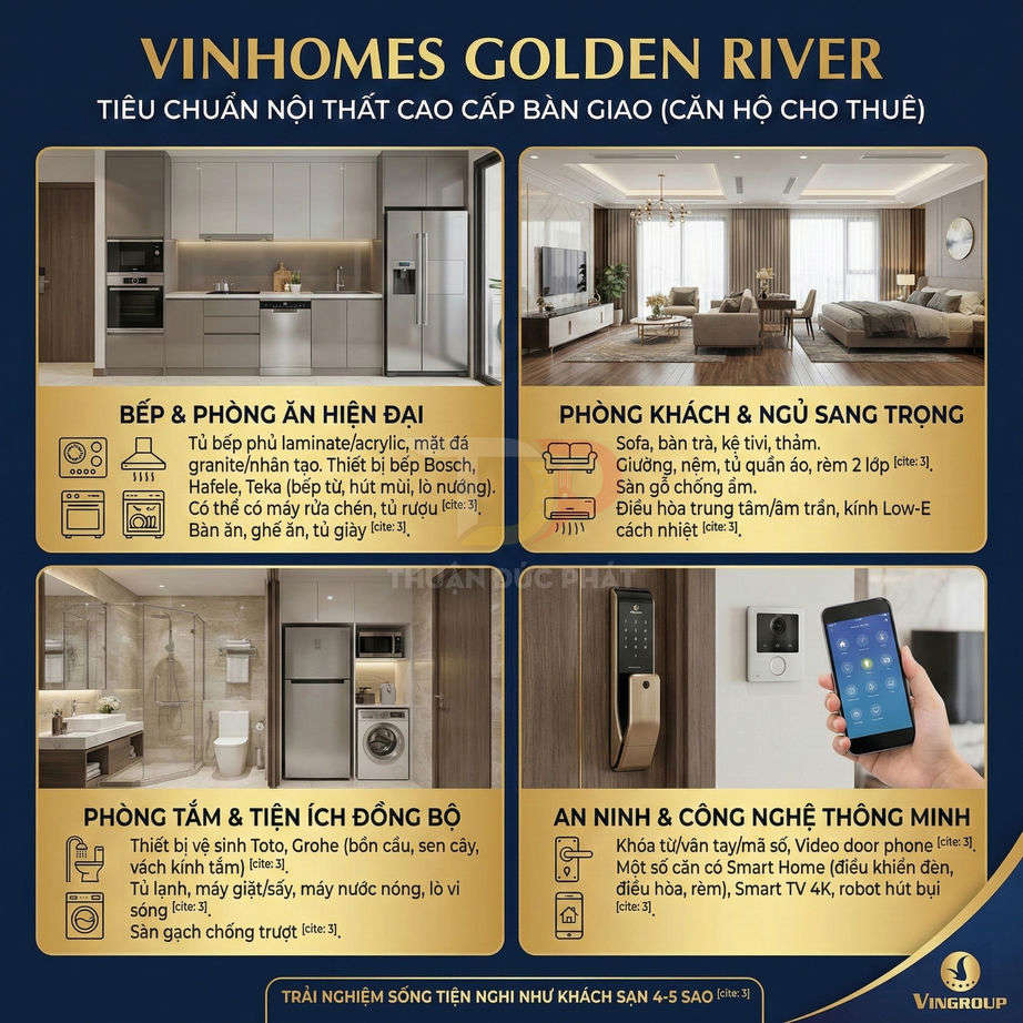 Nội thất căn hộ Vinhomes Golden River cao cấp với bếp hiện đại, phòng khách sang trọng, phòng tắm tiện nghi và khóa cửa thông minh