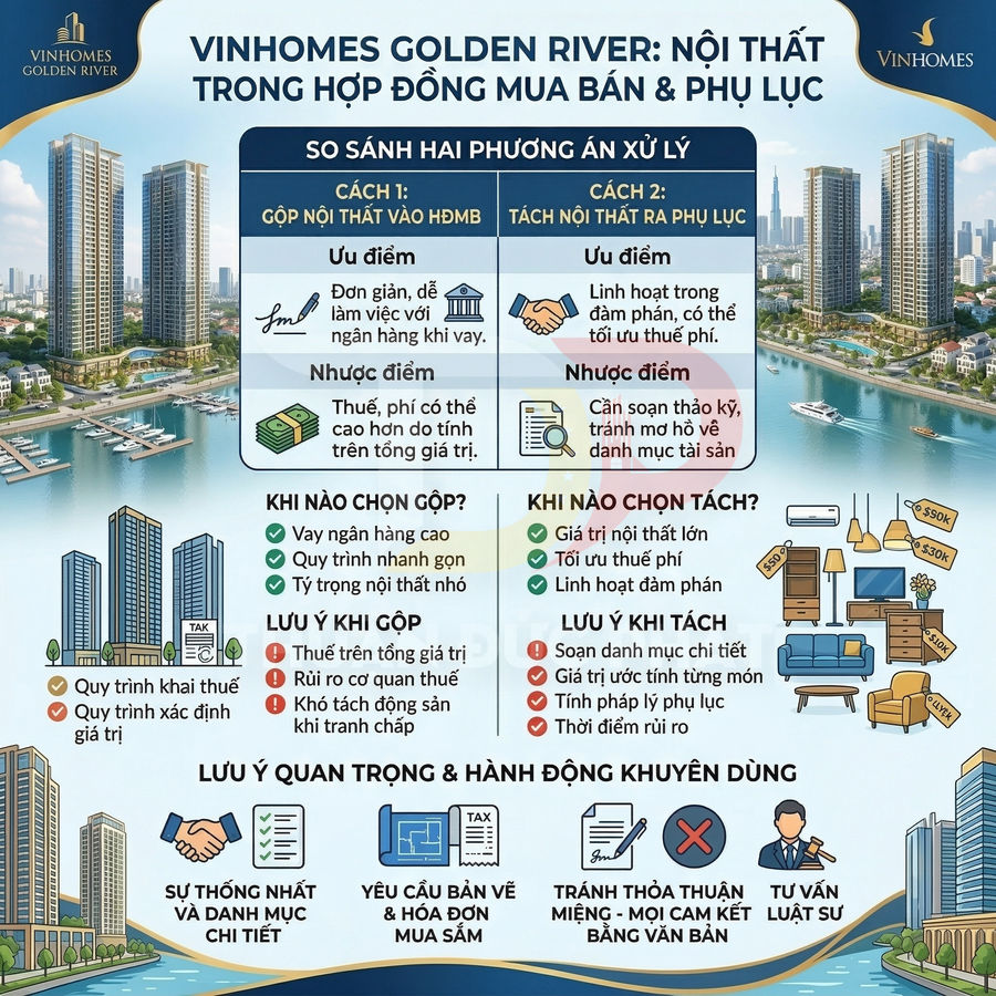 Infographic Vinhomes Golden River hướng dẫn xử lý nội thất trong hợp đồng mua bán và phụ lục căn hộ