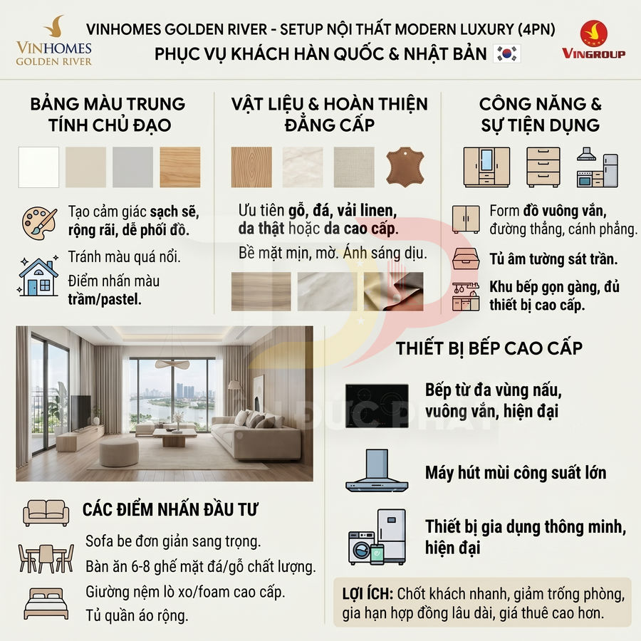 Thiết kế nội thất căn hộ Vinhomes Golden River phong cách modern luxury với tông màu trung tính và vật liệu cao cấp