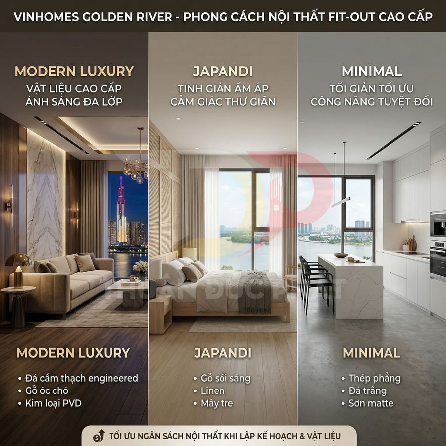 Thiết kế nội thất căn hộ Vinhomes Golden River với phong cách Modern Luxury, Japandi và Minimal sang trọng