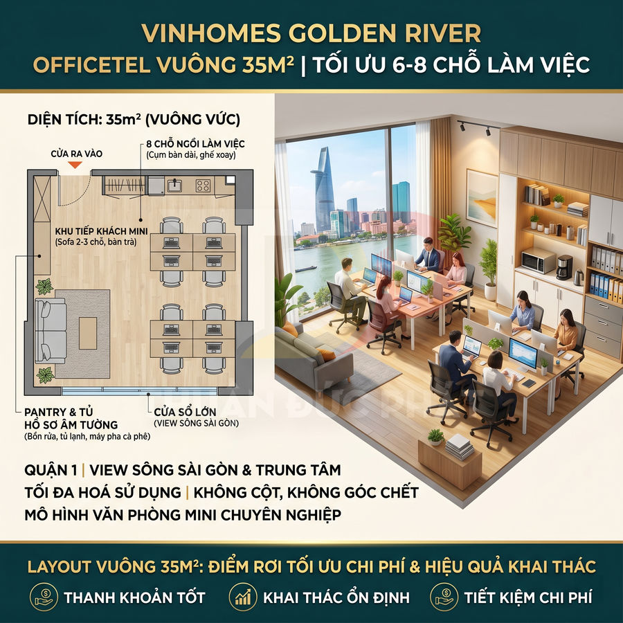 Thiết kế officetel Vinhomes Golden River 35m2 với 8 chỗ làm việc view sông Sài Gòn