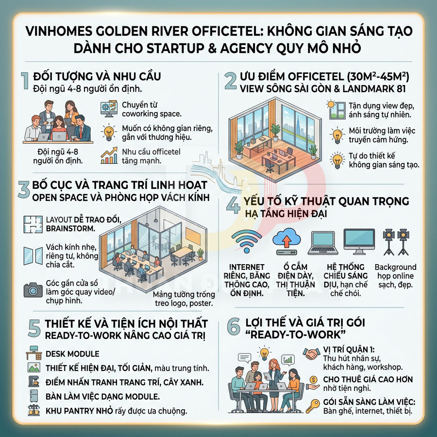 Infographic giới thiệu officetel Vinhomes Golden River cho startup và agency nhỏ với thiết kế sáng tạo, hạ tầng hiện đại
