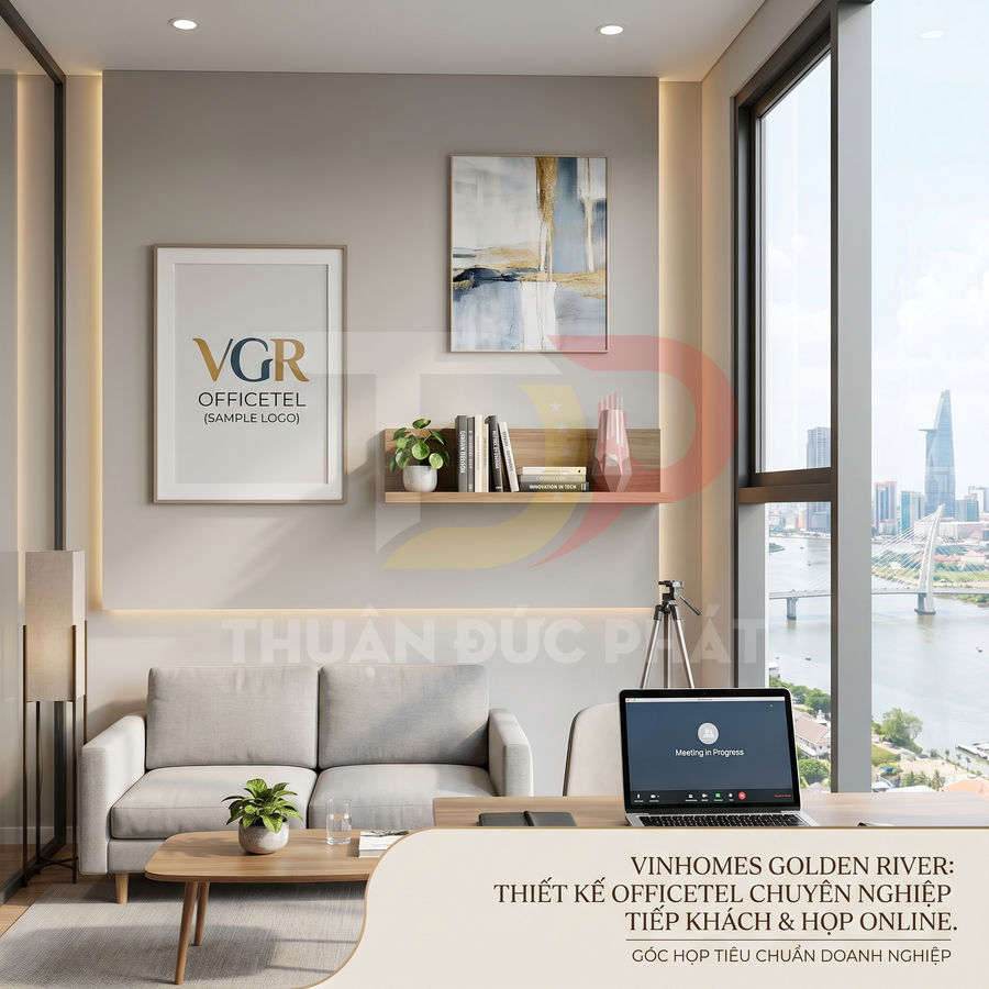 Góc officetel Vinhomes Golden River hiện đại với sofa, bàn làm việc và laptop họp online nhìn ra sông Saigon