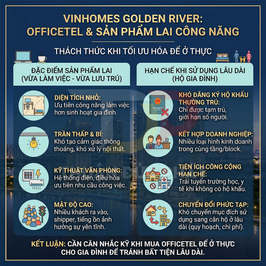 Infographic Vinhomes Golden River phân tích ưu nhược điểm officetel và sản phẩm lai khi sử dụng cho hộ gia đình