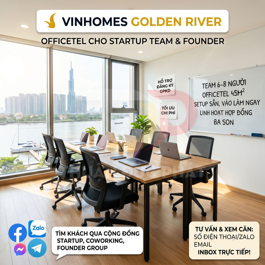Văn phòng officetel Vinhomes Golden River cho startup với bàn họp, nhiều laptop và view sông, Landmark 81 ngoài cửa sổ