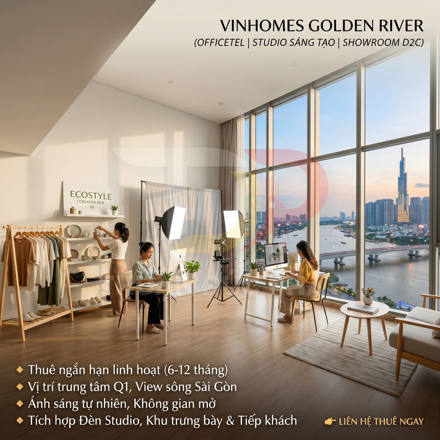 Văn phòng studio sáng tạo Vinhomes Golden River view sông Sài Gòn với không gian làm việc mở và ánh sáng tự nhiên