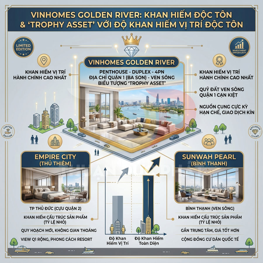 Infographic so sánh căn hộ cao cấp Vinhomes Golden River với Empire City và Sunwah Pearl tại TP HCM