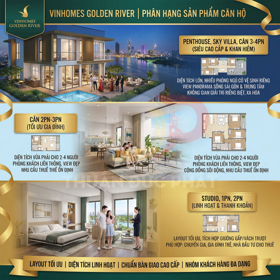 Thiết kế căn hộ Vinhomes Golden River với các loại penthouse sky villa 3 4PN và căn hộ 1 3PN cao cấp
