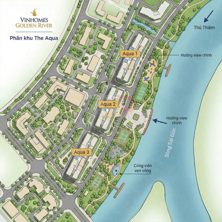 Mặt bằng phân khu The Aqua Vinhomes Golden River cạnh công viên ven sông Sài Gòn