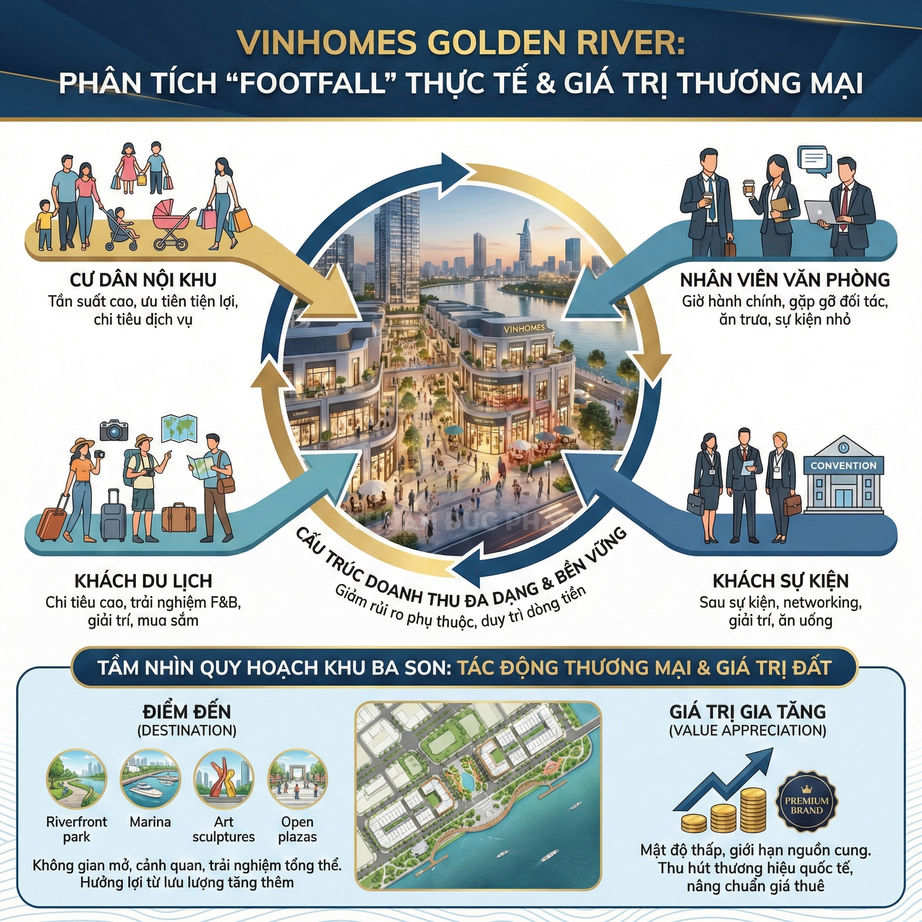 Infographic phân tích footfall và giá trị thương mại dự án bất động sản Vinhomes Golden River