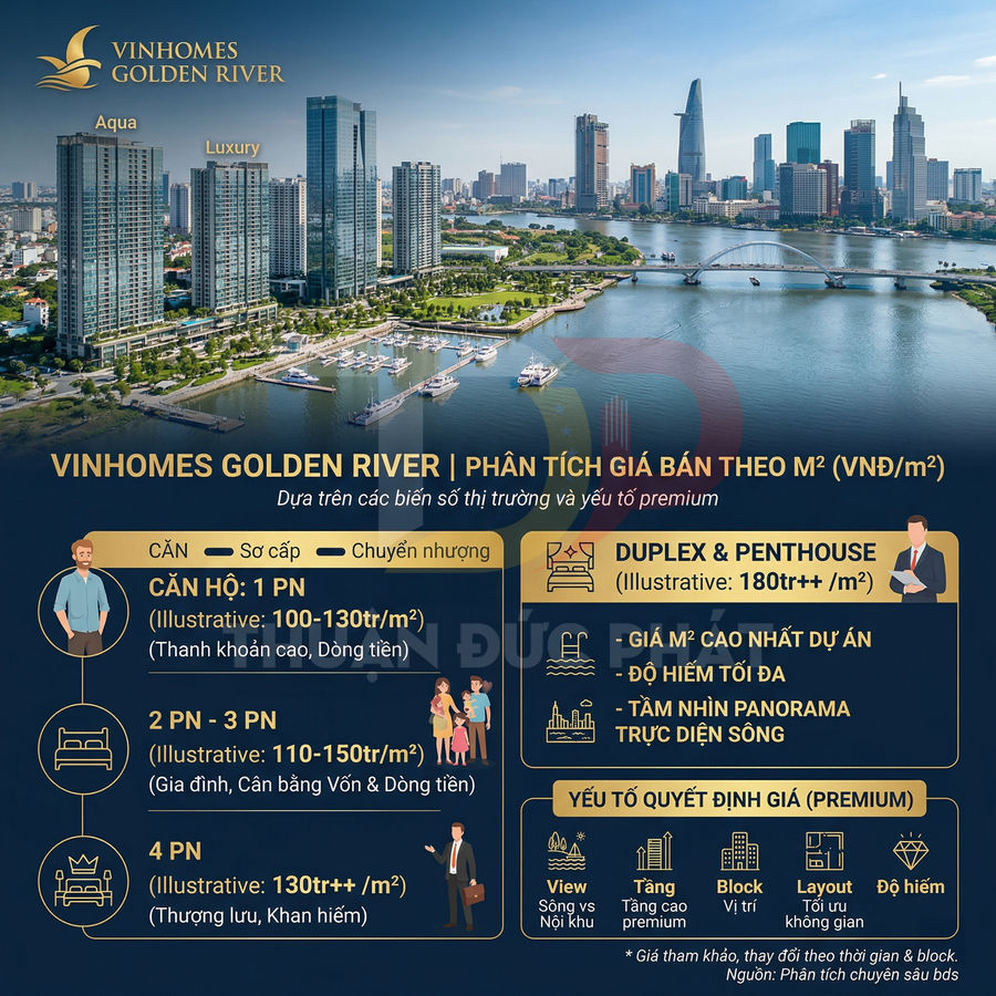 Phân tích giá bán căn hộ Vinhomes Golden River theo m2 với các loại căn 1PN đến penthouse, view sông Sài Gòn