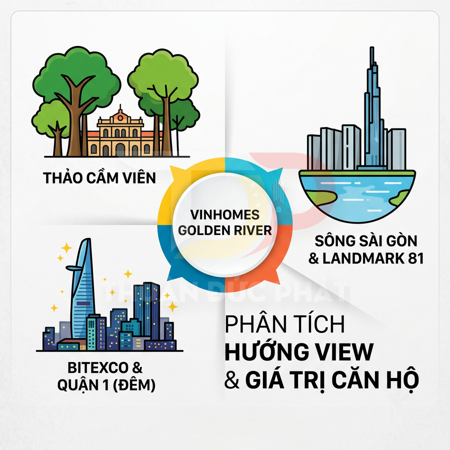Infographic Vinhomes Golden River với hướng view Thảo Cầm Viên, sông Sài Gòn Landmark 81, Bitexco và quận 1