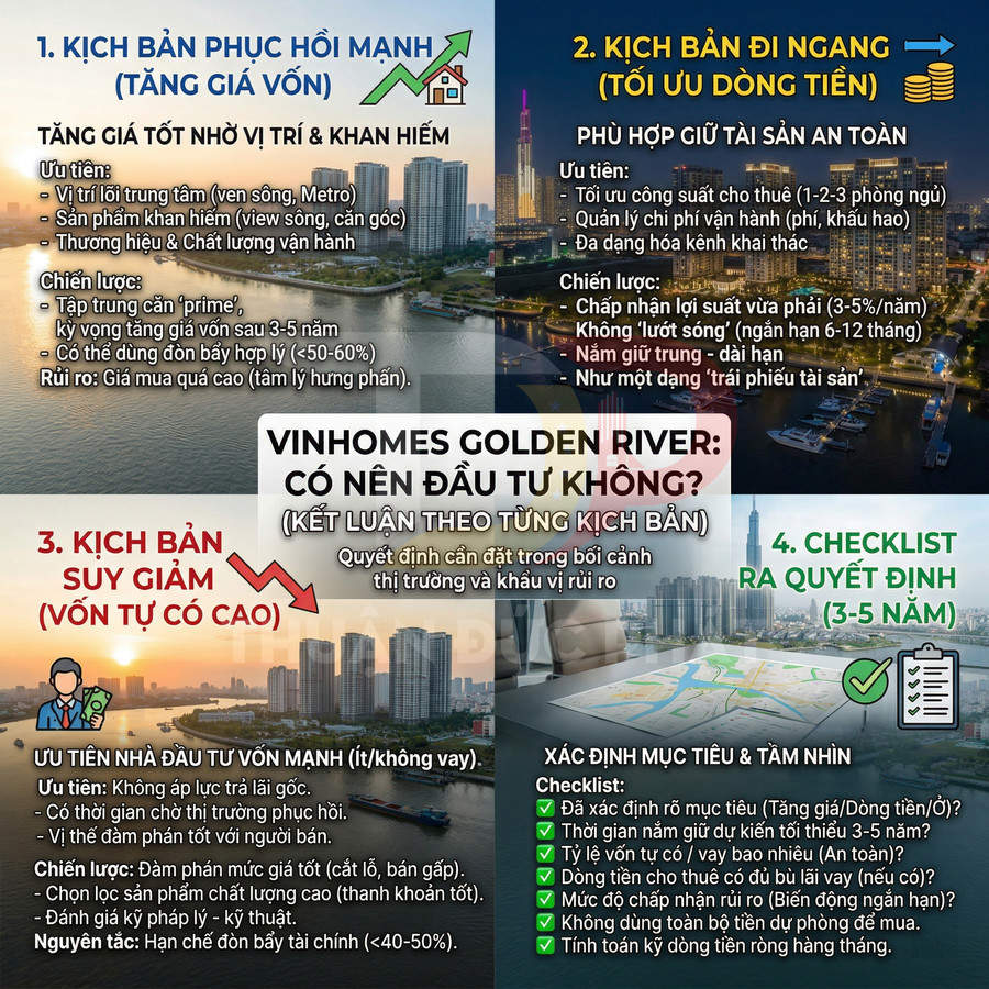 Infographic phân tích kịch bản đầu tư bất động sản Vinhomes Golden River và checklist ra quyết định 3 đến 5 năm