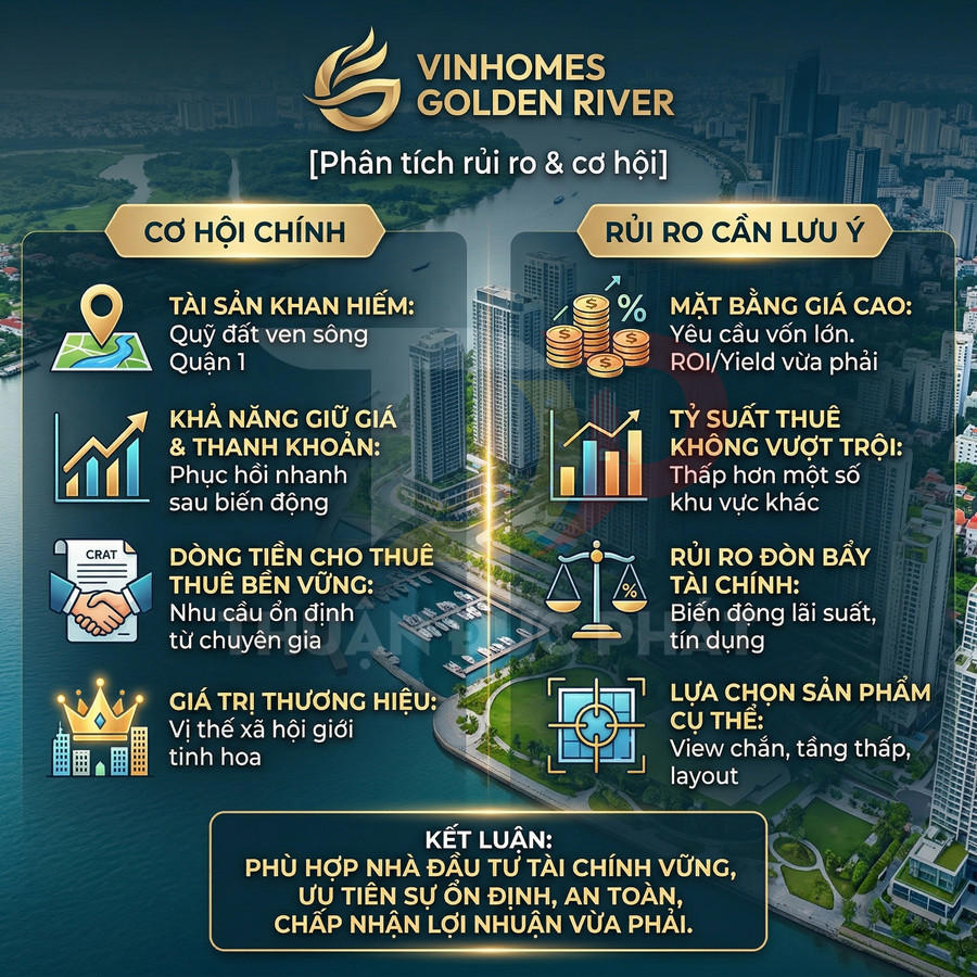 Infographic phân tích cơ hội và rủi ro đầu tư căn hộ Vinhomes Golden River bên sông tại Quận 1