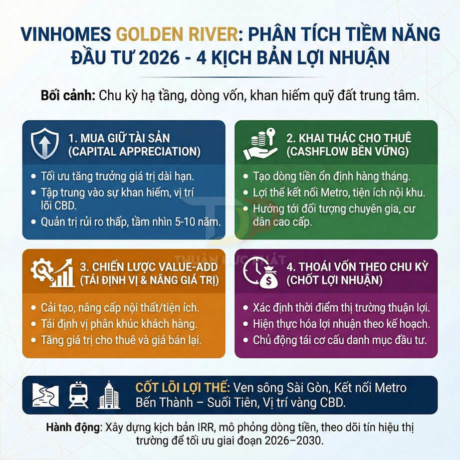 Infographic phân tích 4 kịch bản lợi nhuận đầu tư Vinhomes Golden River giai đoạn 2026 và lợi thế vị trí ven sông Saigon