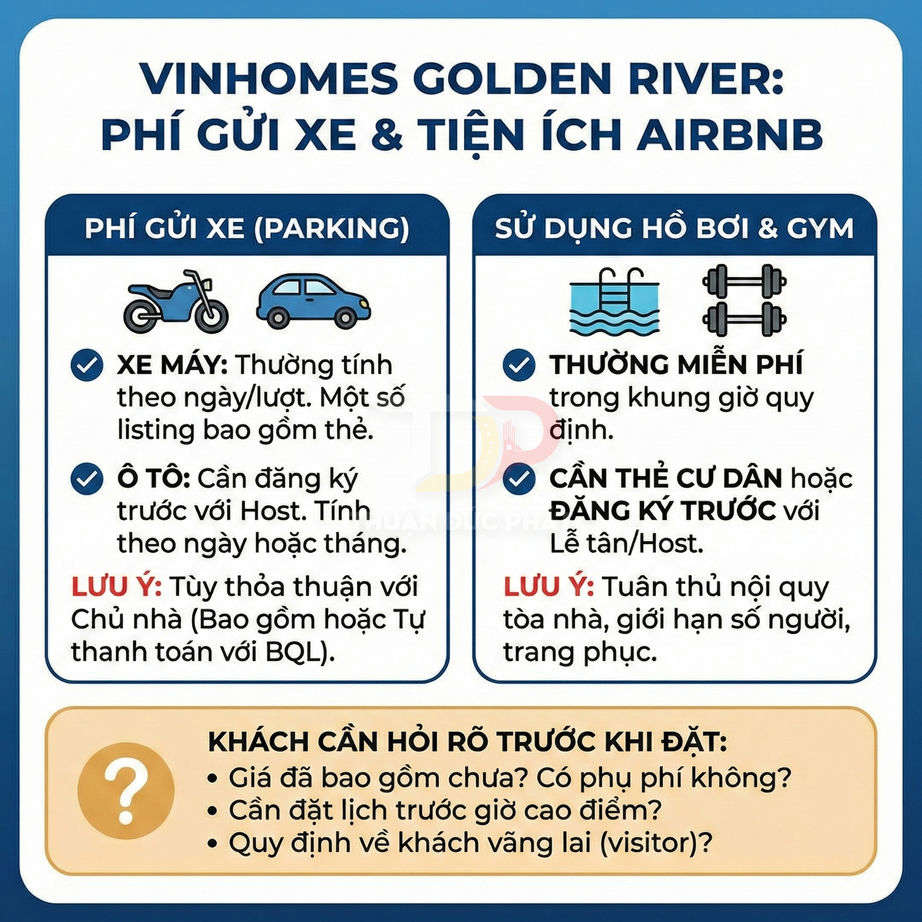 Bảng thông tin phí gửi xe và sử dụng hồ bơi gym tại Vinhomes Golden River cho khách thuê Airbnb