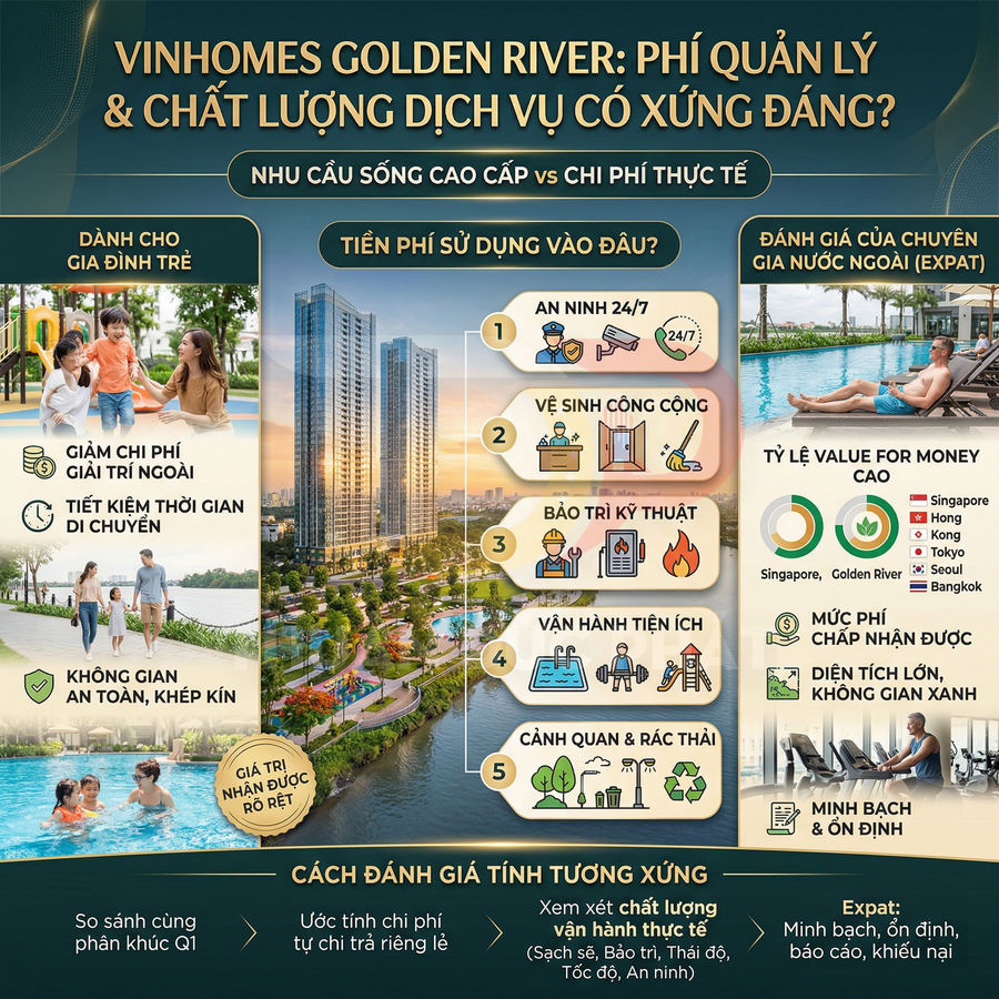Infographic giới thiệu phí quản lý và chất lượng dịch vụ khu căn hộ cao cấp Vinhomes Golden River
