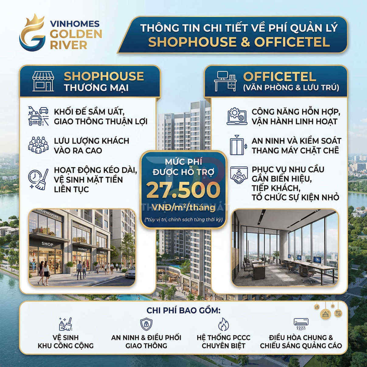 Thông tin phí quản lý shophouse và officetel Vinhomes Golden River kèm hình ảnh tòa nhà và không gian văn phòng