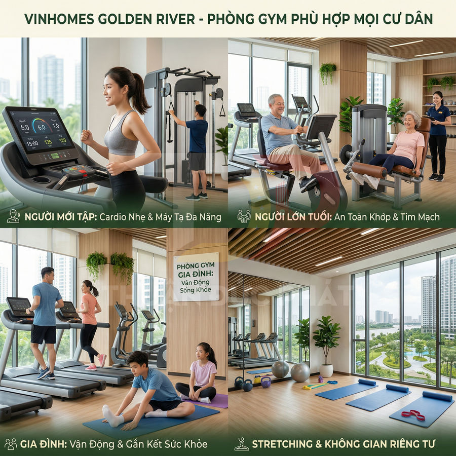 Phòng gym Vinhomes Golden River hiện đại với máy chạy bộ, máy tập đa năng và khu stretching cho mọi lứa tuổi