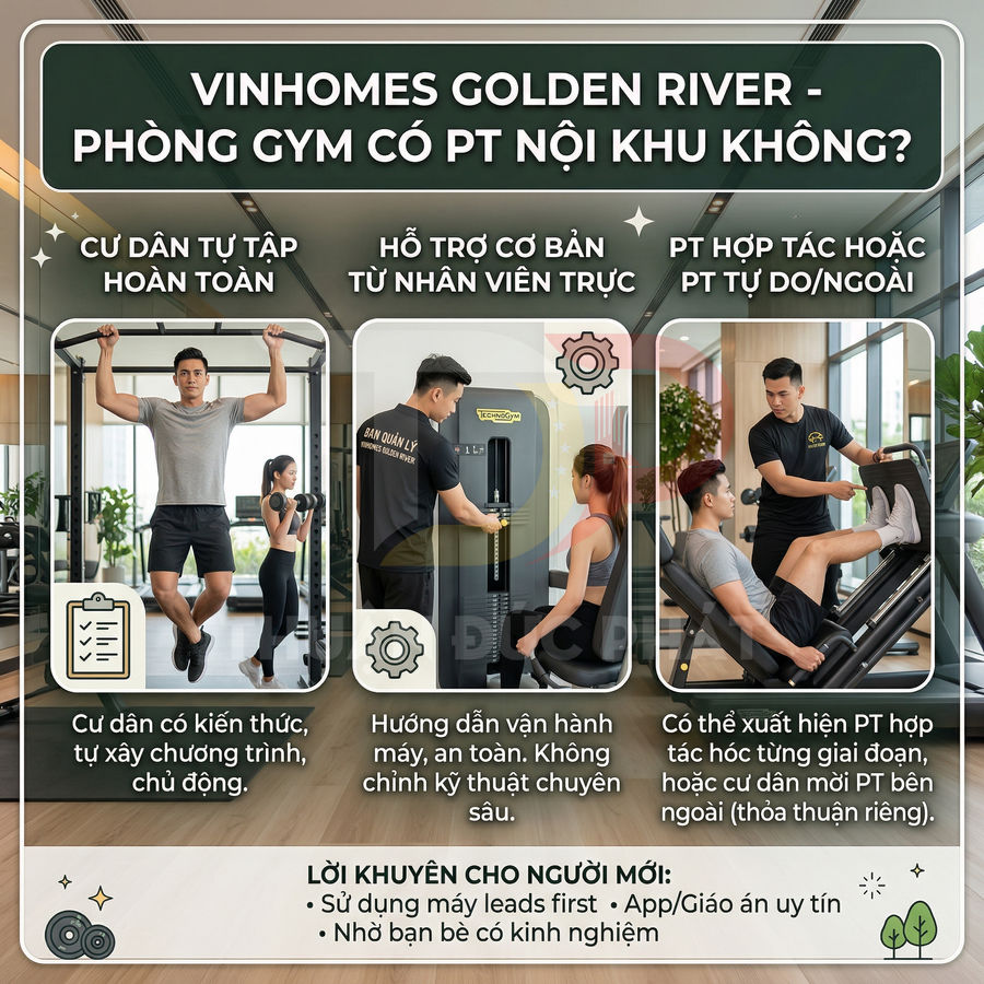 Phòng gym Vinhomes Golden River với huấn luyện viên hỗ trợ cư dân tập luyện máy hiện đại