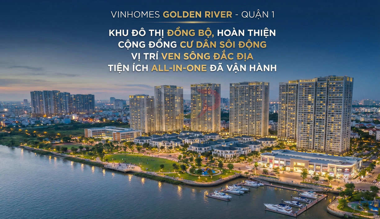 Khu đô thị Vinhomes Golden River Quận 1 ven sông với các tòa căn hộ cao tầng và bến du thuyền ban đêm