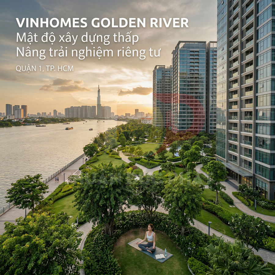 Căn hộ Vinhomes Golden River view sông Sài Gòn với công viên xanh và cư dân tập yoga ngoài trời