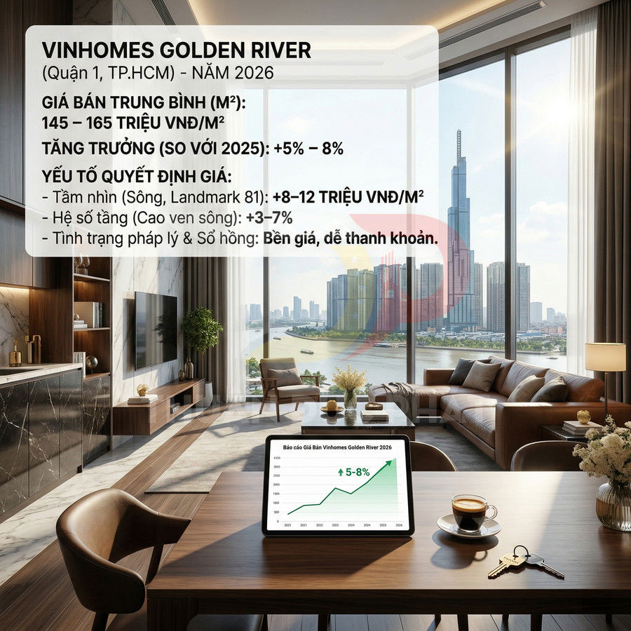 Căn hộ cao cấp Vinhomes Golden River view sông Sài Gòn, bàn làm việc có iPad hiển thị báo cáo giá bán 2026