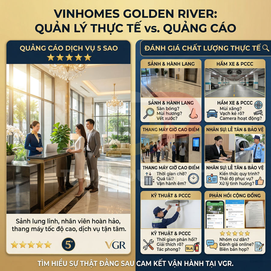 Poster so sánh quảng cáo dịch vụ 5 sao và chất lượng vận hành thực tế tại chung cư Vinhomes Golden River