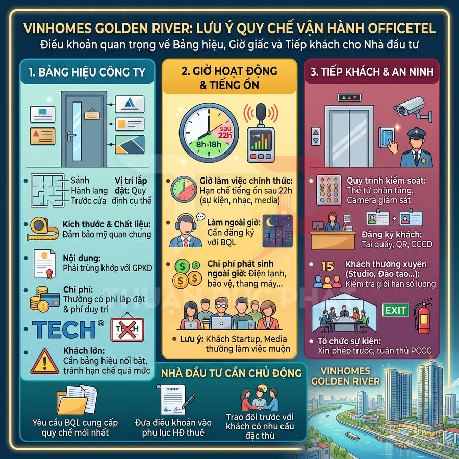 Infographic quy chế vận hành officetel Vinhomes Golden River về bảng hiệu, giờ hoạt động, tiếp khách và an ninh