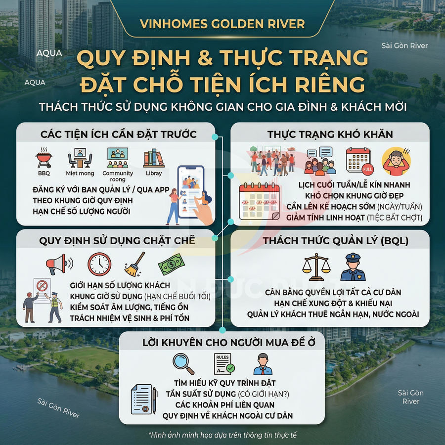 Infographic quy định đặt chỗ và sử dụng tiện ích riêng tại khu căn hộ Vinhomes Golden River