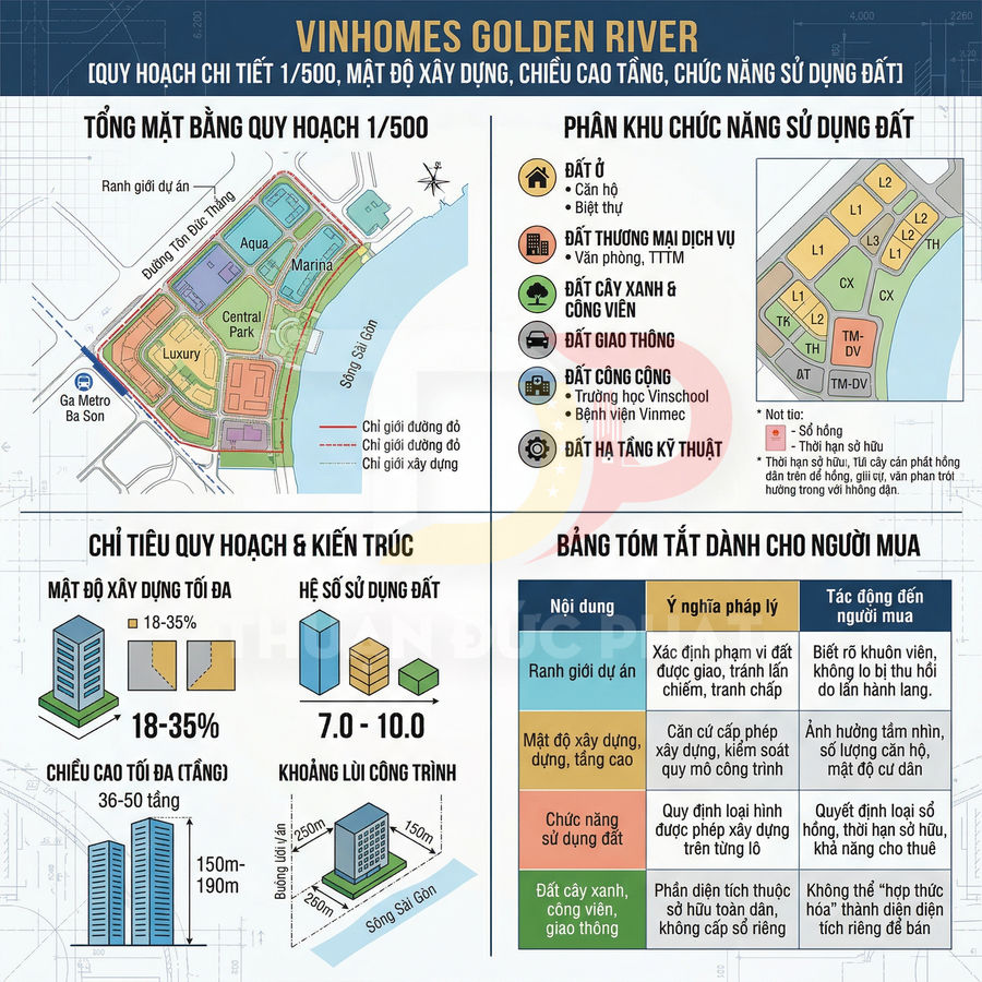 Sơ đồ quy hoạch chi tiết dự án bất động sản Vinhomes Golden River với các phân khu chức năng và chỉ tiêu xây dựng