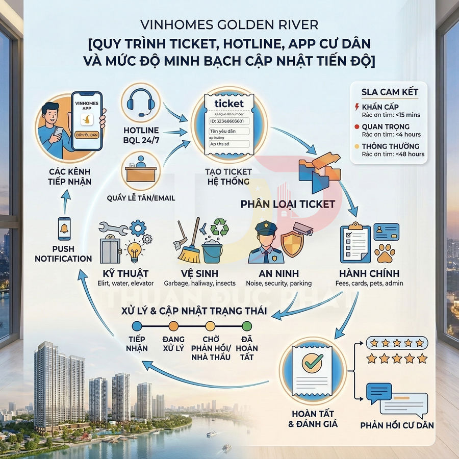 Quy trình xử lý ticket, hotline và app cư dân Vinhomes Golden River với các bước phân loại và cập nhật trạng thái dịch vụ