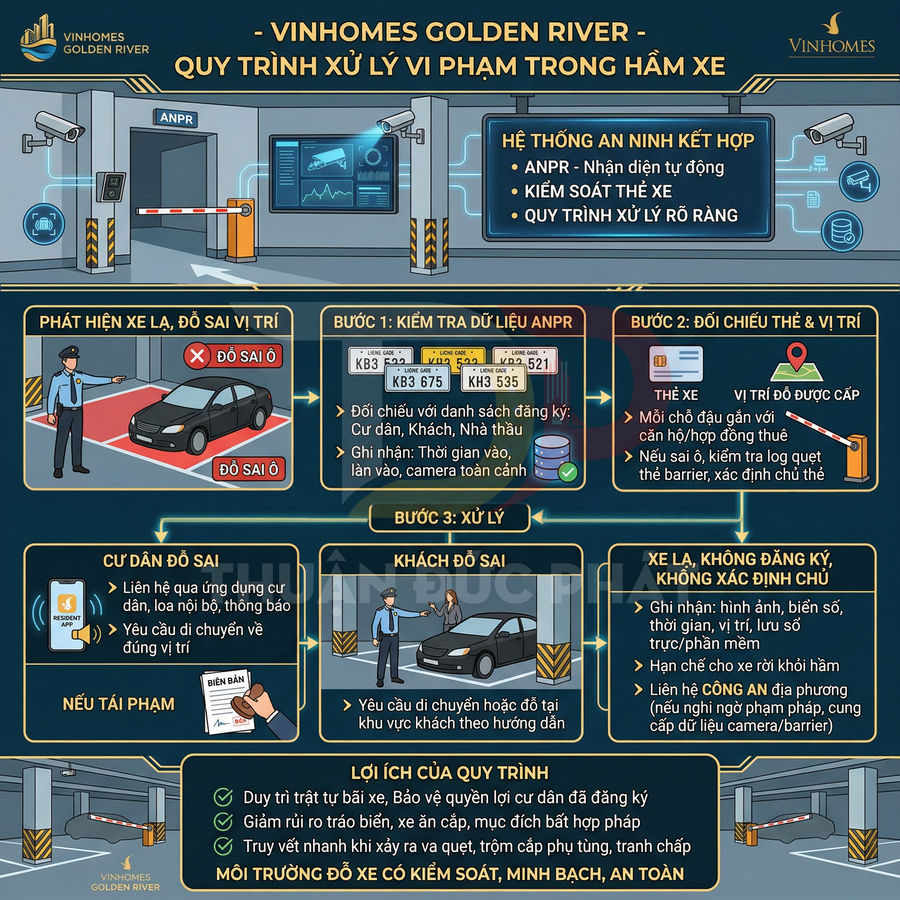 Infographic quy trình xử lý vi phạm đỗ xe trong hầm xe Vinhomes Golden River với hệ thống an ninh và ANPR