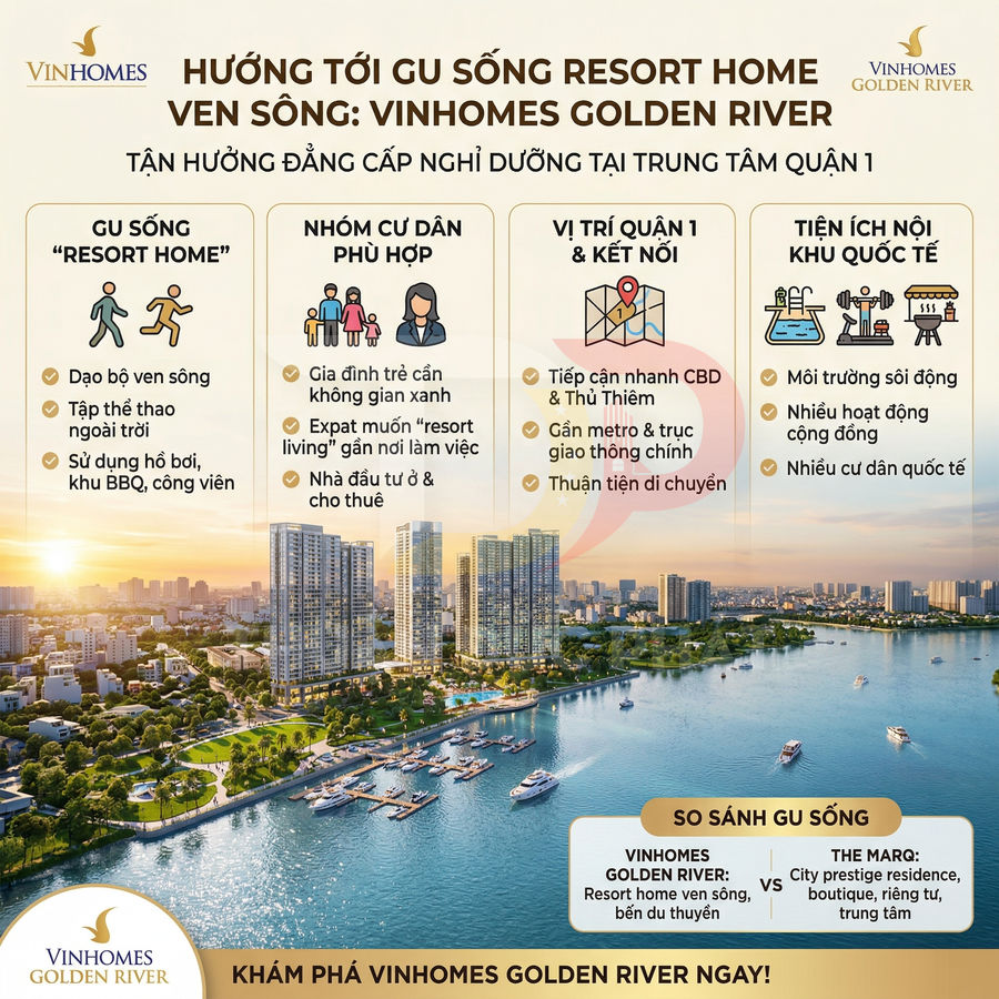 Phối cảnh dự án căn hộ cao cấp Vinhomes Golden River ven sông với bến du thuyền và tiện ích resort home