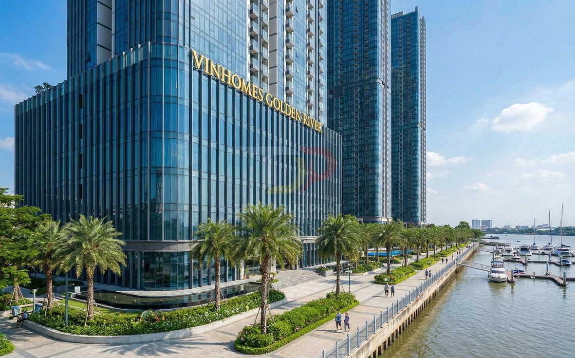 Tòa nhà Vinhomes Golden River bên sông với bến du thuyền và lối đi bộ hàng dừa